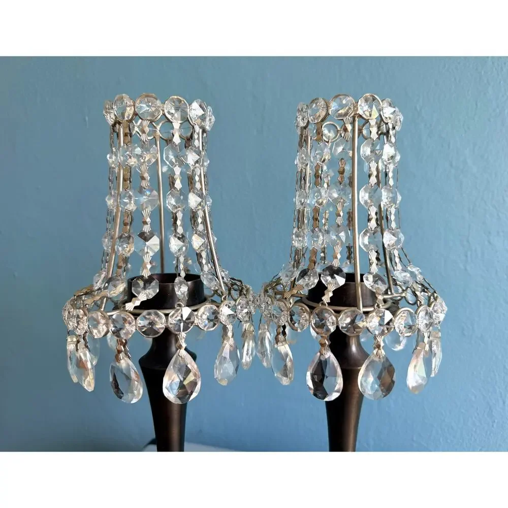 Vintage Pottery Barn Chandelier Candle Lamps - Crystal Beaded Shades Pair 12